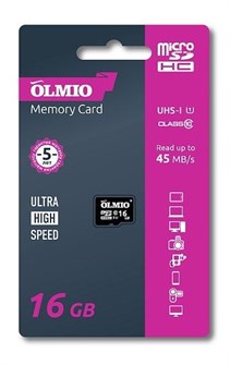 Карта памяти MicroSDHC 16Гб Class 10 Olmio UHS-I без адаптер